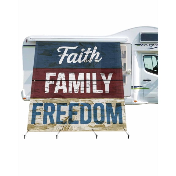 4th of July RV Awning Sun Shade Screen 9'X7' USA Flag Blue Wood Mesh Sunscreen Faith FamilFreedom Awning Shade Screen with Zipper UV Blocker Completed Kits Outdoor Canopy for RV Motorhome Camper