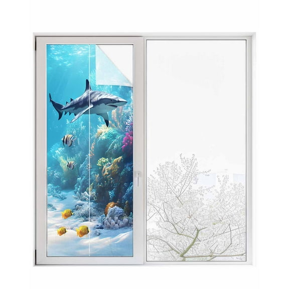 Window Privacy Film Shark Coastal Stained Glass Window Film Decorative Sun Block Window Cover Summer Beach Coral Ocean Nautical Window Clings Static Adhesive Sticker for Bathroom 23.6"x59"