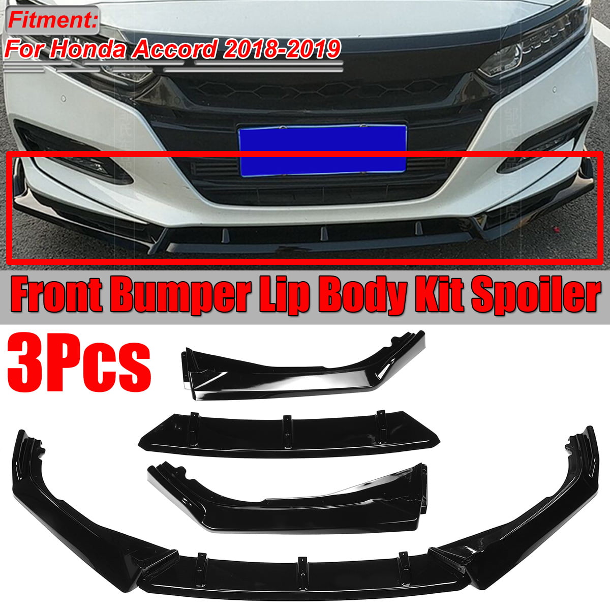 3PCS Gloss Black Front Bumper Cover Lip Body Kit For Honda Civic 2016-2018