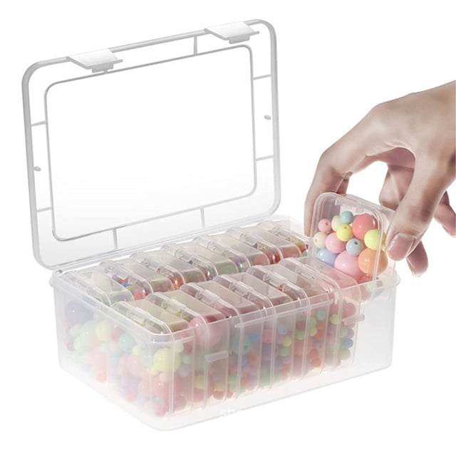 Caja de almacenamiento pequeña con tapa, 14 piezas, caja de plástico transparente y 1 caja de almacenamiento de plástico Rectangular grande para cuentas, joyas,