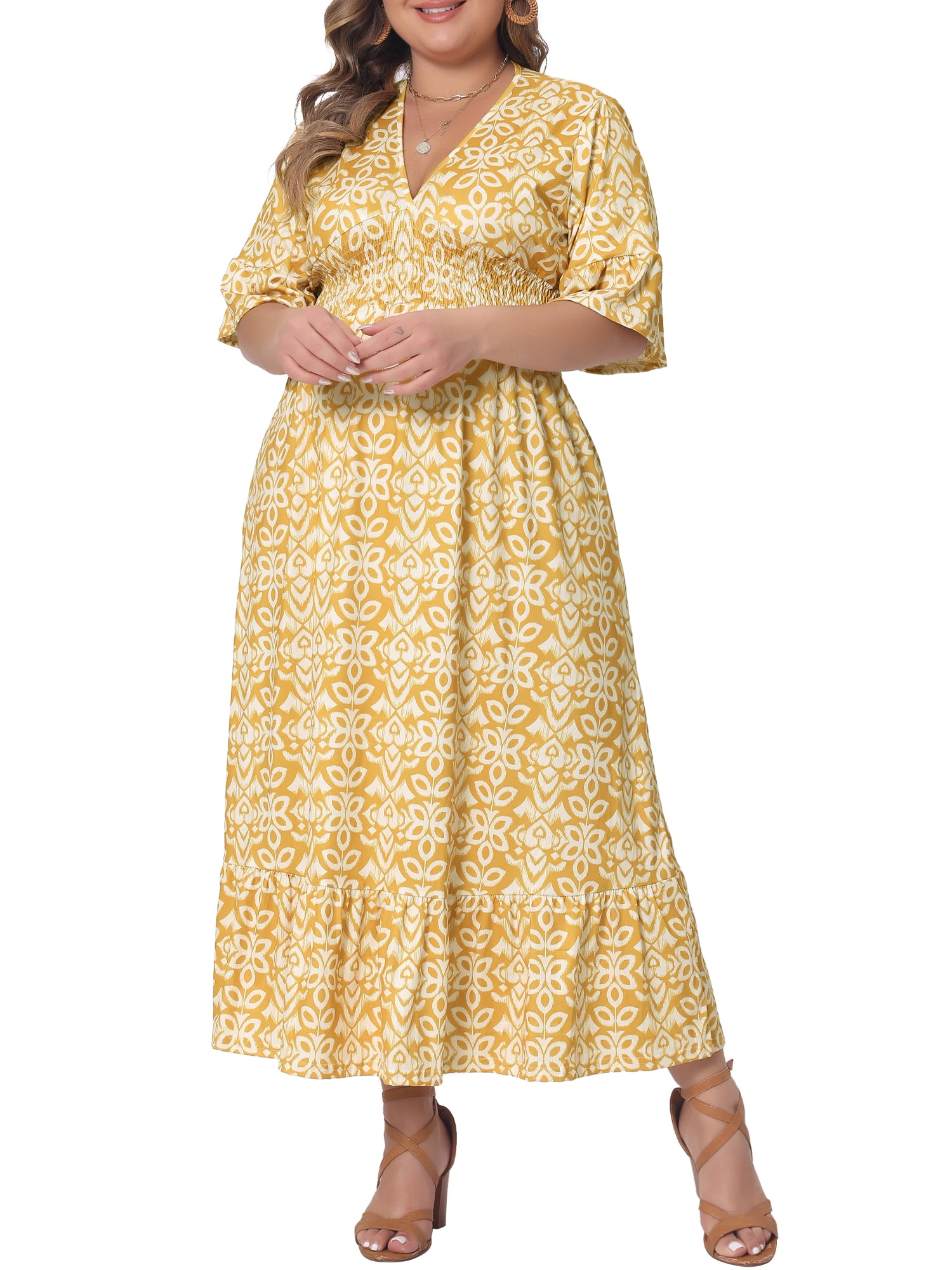 DARING DIVA Women's Plus Size Bell Sleeve Ruffled Hem Boho A Line Dress 1X Yellow