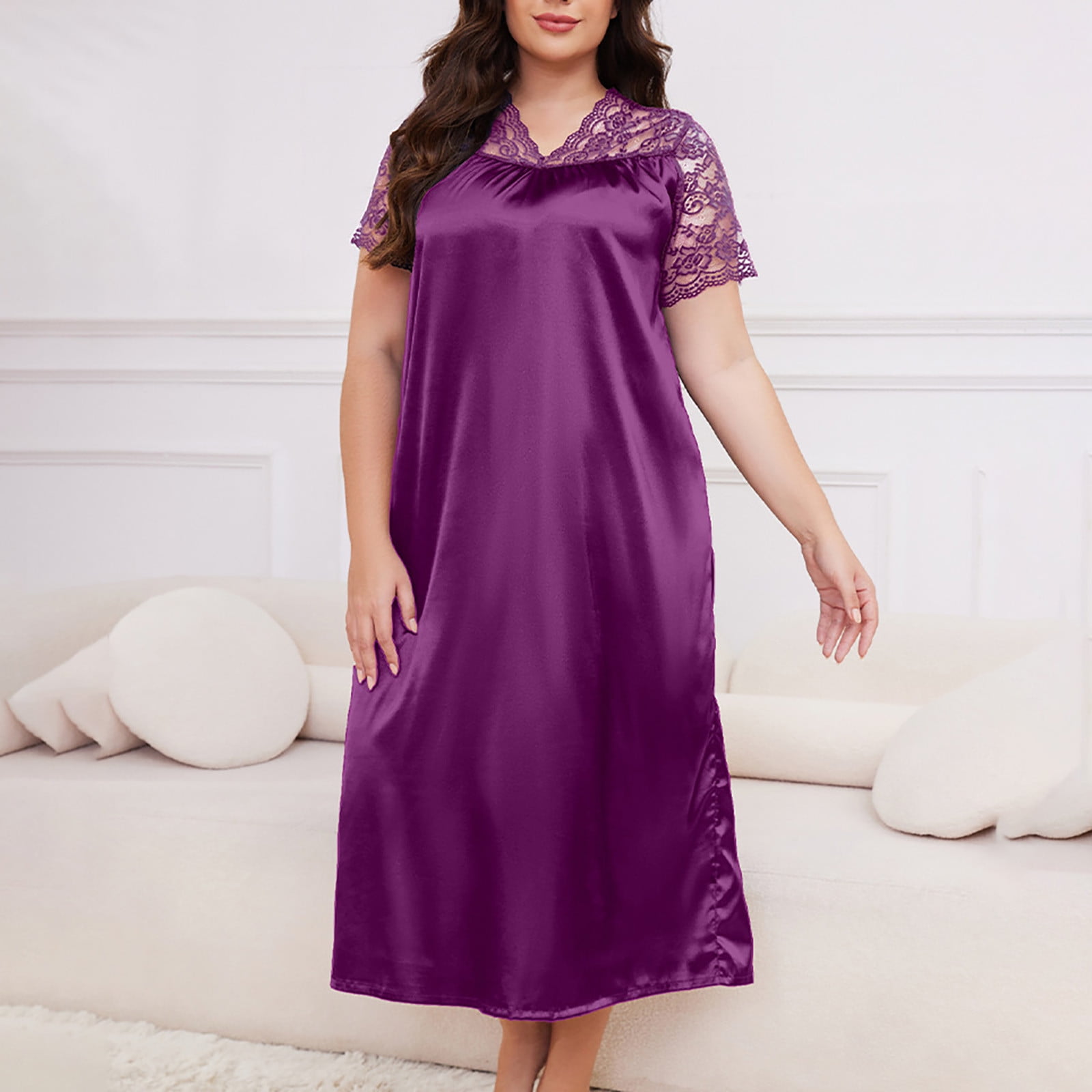 purple satin night dress Plus Size Nightgown for Women, Satin Loungewear Dress Floral Lace Short  Sleeve V-Neck Nightwear Long Sleepwear Sleep Dress for Women Purple XXL