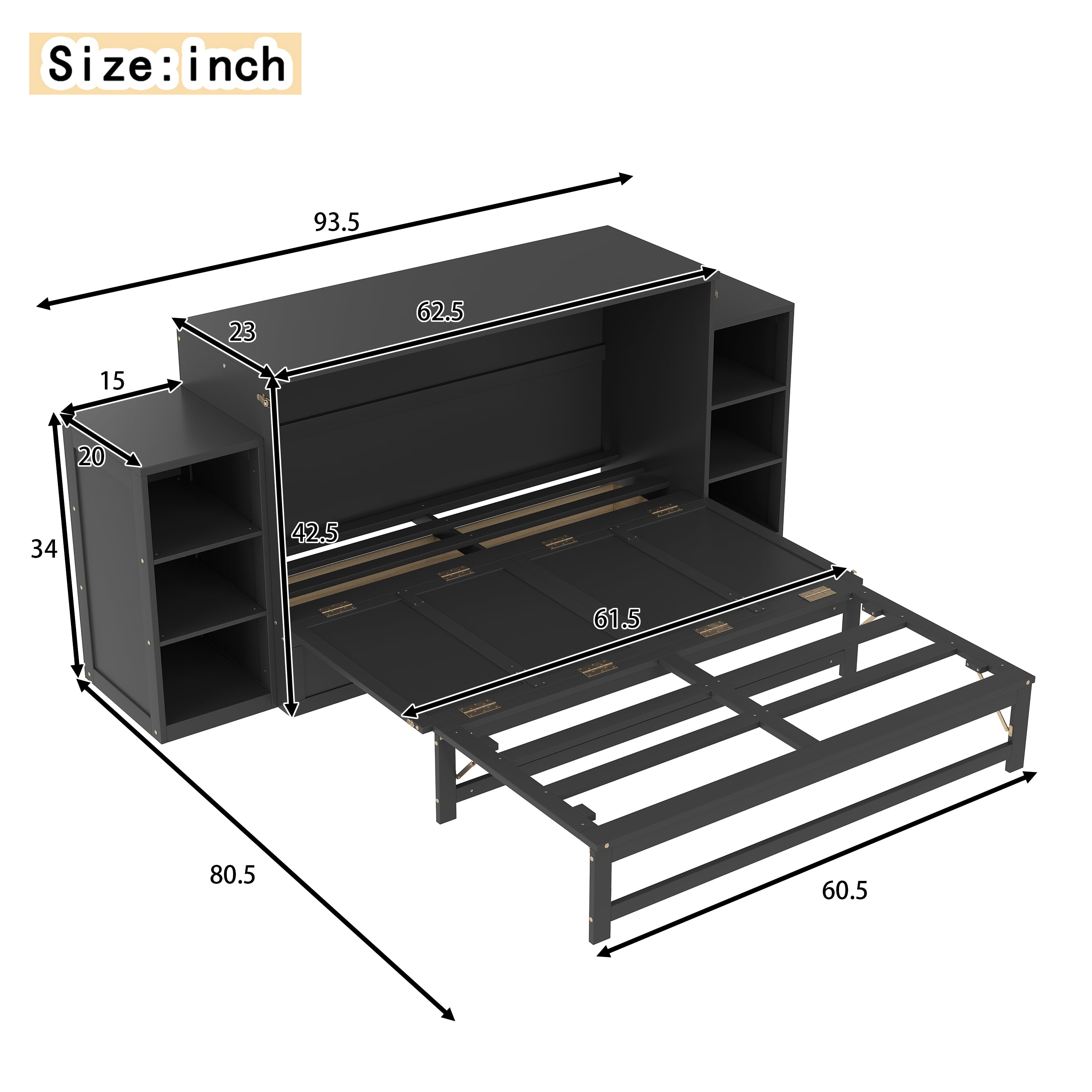 Mintazer Queen Size Murphy Bed with 6 Side Shelves & 2 Drawers, Modern Foldable Cabinet Bed for Bedroom Apartment Guest Room, Dark Gray