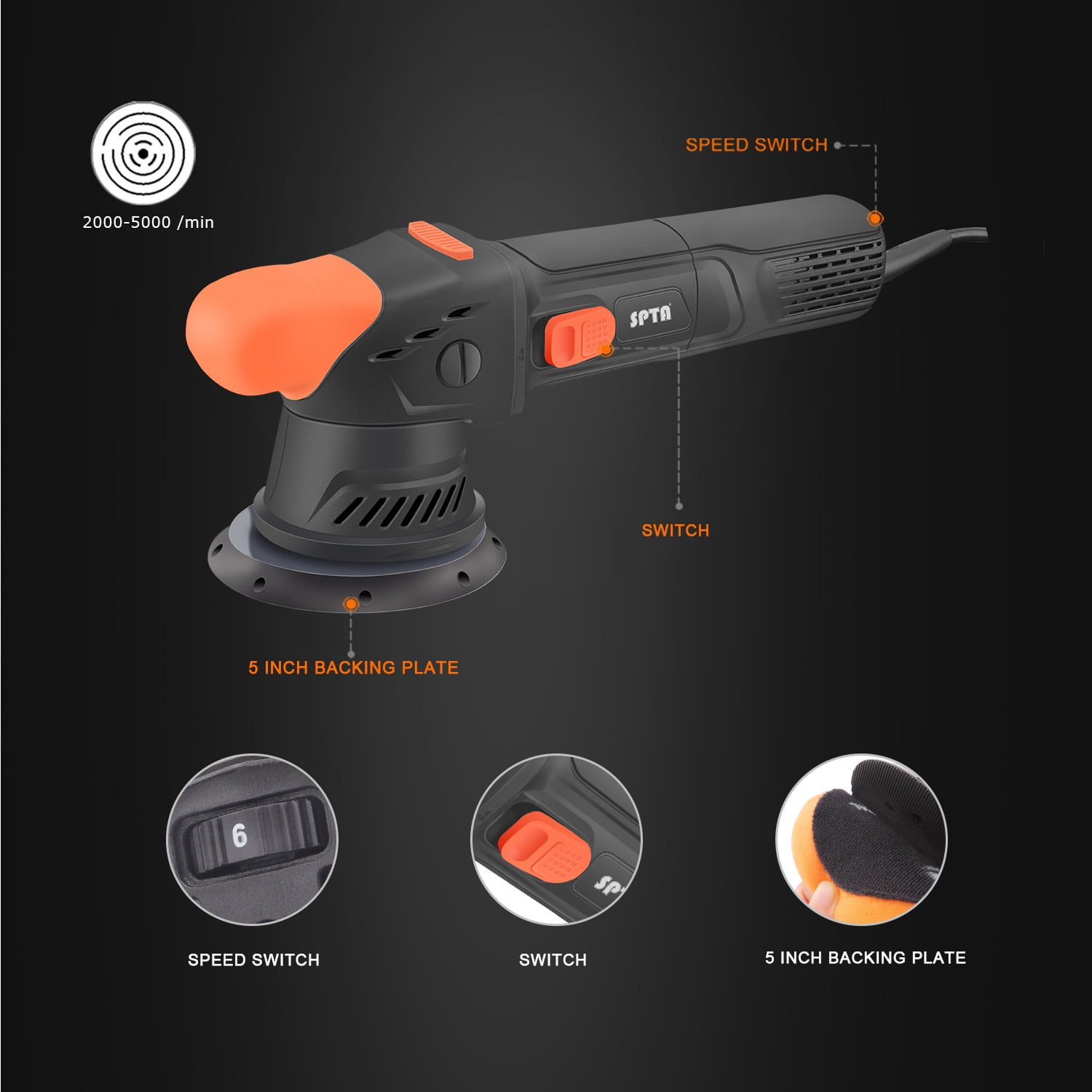 SPTA CP304 12mm Orbit 5 Inch Dual Action Polisher 6 Variable Speeds 2000-5000 RPM Car Buffer Polishing Machine