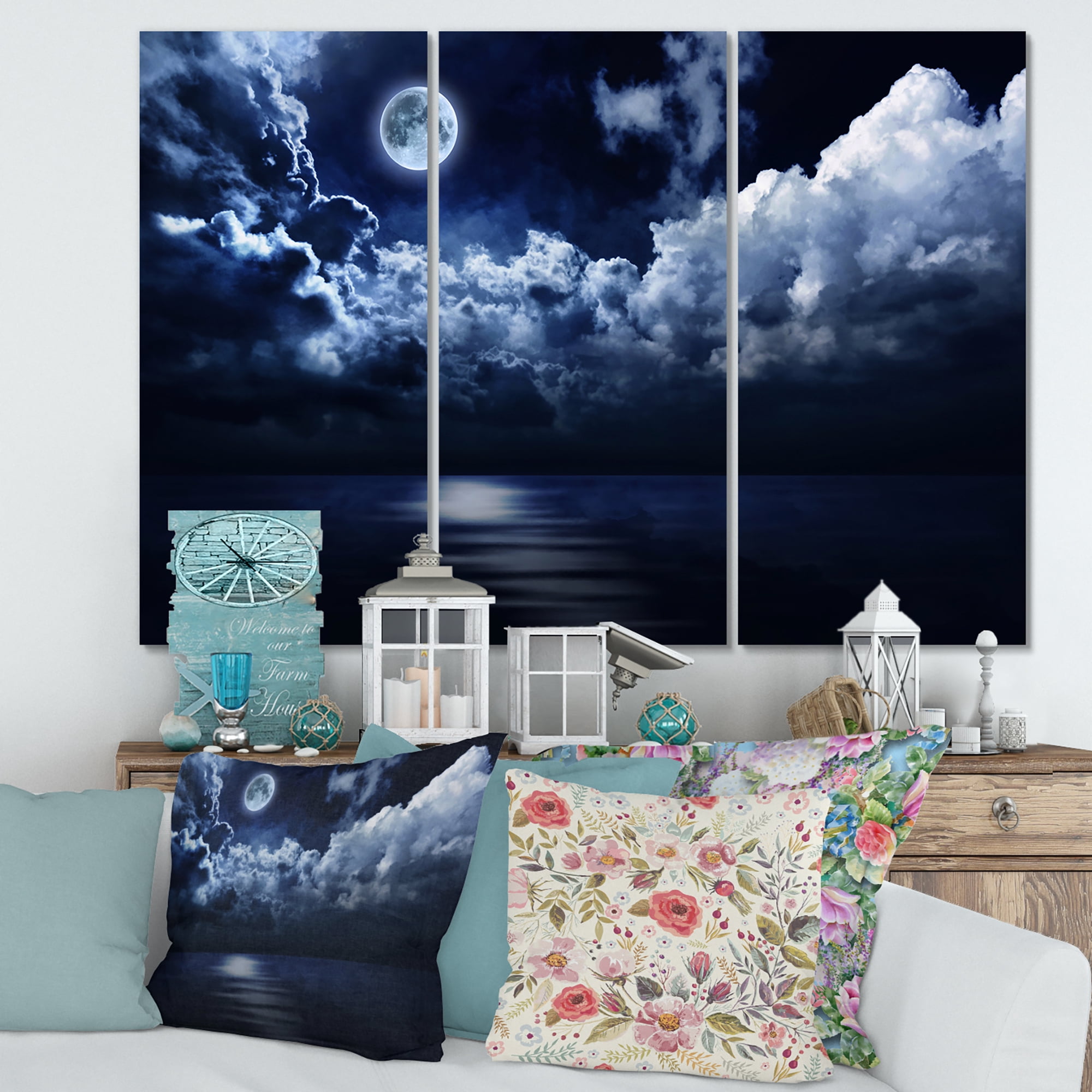 Designart ' Full Moon Night in Cloudy Sky ' Modern Canvas Wall Art Print