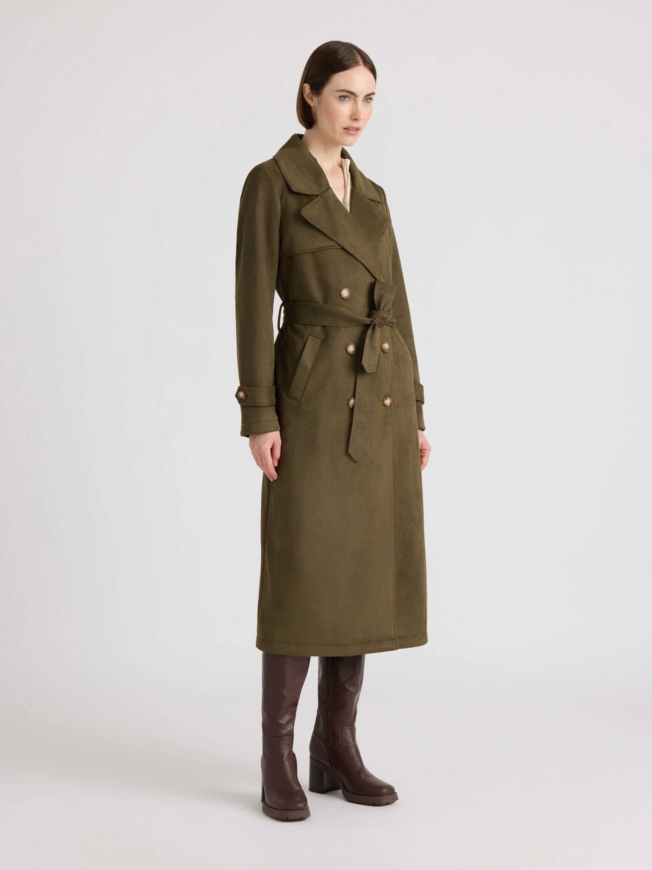 NOVELTI Womens Faux Suede Longline Belted Trench Coat with Side Pockets