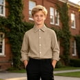 thumbnail image 2 of FYDUU Teens Boys Shirts Solid Color Long Sleeve Dress Shirts Kids Lapel Button Down Tops Formal School Uniform Shirt Back To School Wear 10-11 Years, 2 of 7