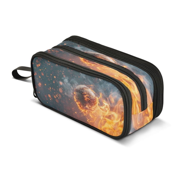 ALAZA Baseball Ball with Fire Pencil Case Bag 3 Compartment Pen Pouch Large Storage Holder Box Organizer