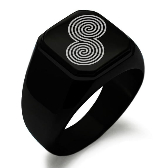 Stainless Steel Celtic Double Spiral Epona Engraved Square Flat Top Biker Style Polished Signet Ring