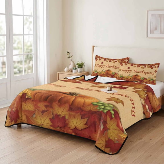 3 Piece Summer Bed Quilt Set Queen Size,Happy Thanksgiving Pumpkin Fall Orange Maple Leaf Watercolor Lightweight Bedspread Coverlet with 2 Pillowcases Farm Fruit Soft Bedding Quilts for All Season