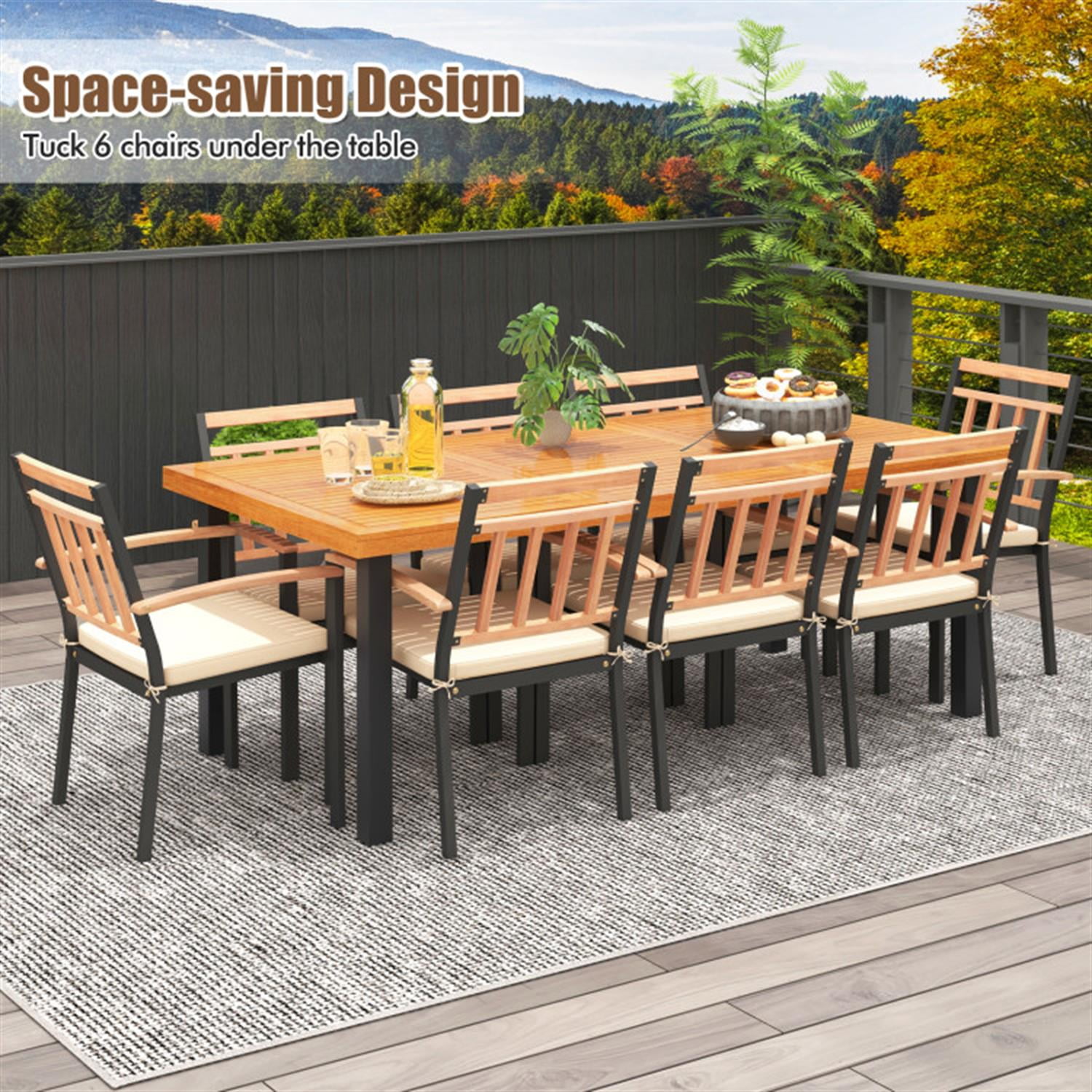 Demi Bonn 9 Pieces Patio Dining Furniture Set, 39.5" Acacia Wood Table with Umbrella Hole and 24, Wide Chairs, Beige-A