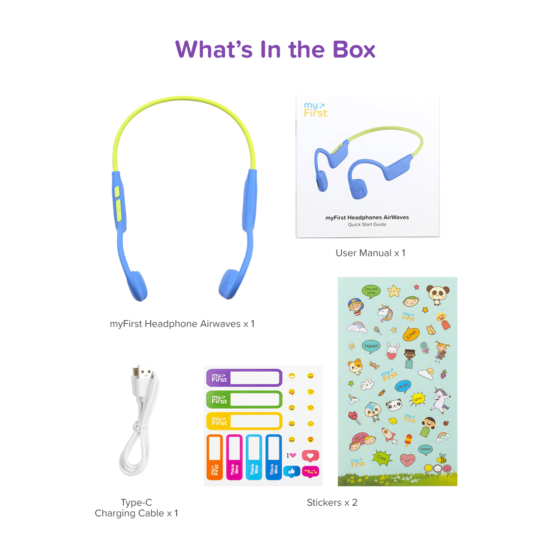 myFirst Kids Airwaves Wireless Open-Ear Headphones - Safe Listening, Long Battery Life, New - Blue