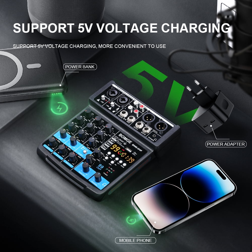 BOMGE 4 Channel mini DJ Audio Sound Mixer Interface with MP3 USB, Bluetooth, Stereo Recording, 48V Phantom Power, 24 DSP for karaoke, performance, church singing  podcas streaming-black