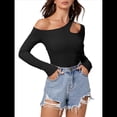 thumbnail image 1 of Camiseta de Mujer con Cuello Asimétrico, Hombros Descubiertos, Larga, Acanalada, Ajustada, para Salir, con un Solo Hombro Negro L, 1 of 10