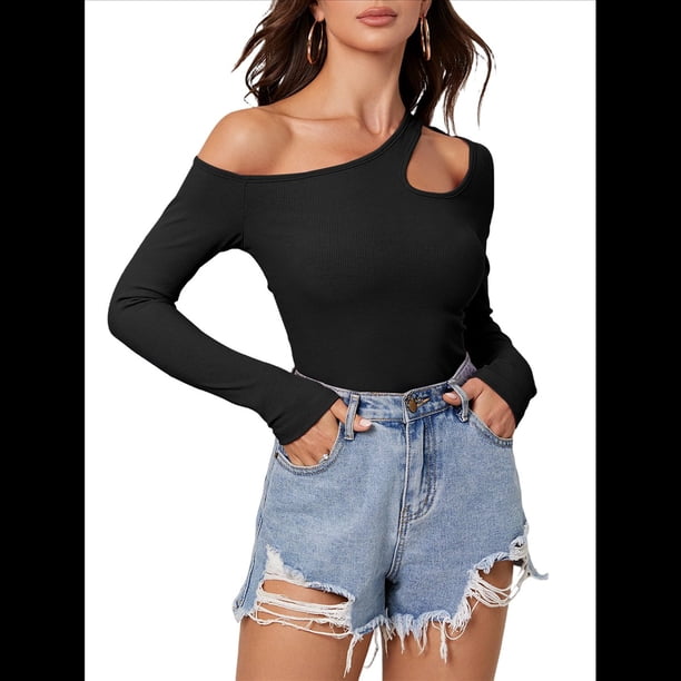 Camiseta de Mujer con Cuello Asimétrico, Hombros Descubiertos, Larga, Acanalada, Ajustada, para Salir, con un Solo Hombro Negro S