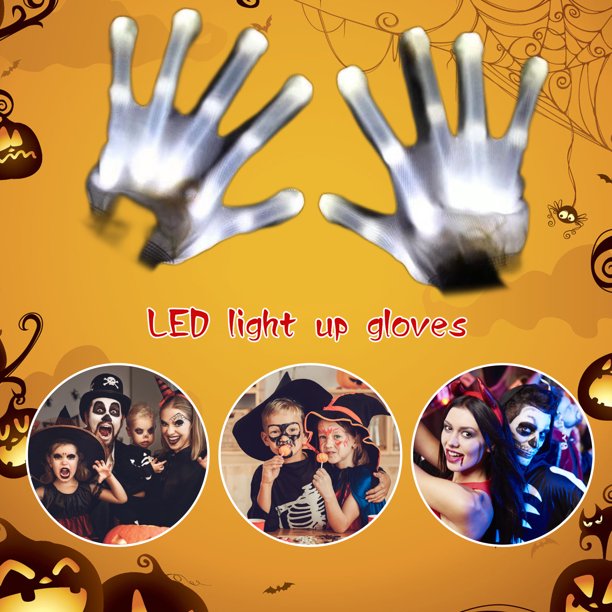 1 par de guantes luminosos LED que brillan intensamente Halloween esqueleto manopla fiesta Prop (blanco)