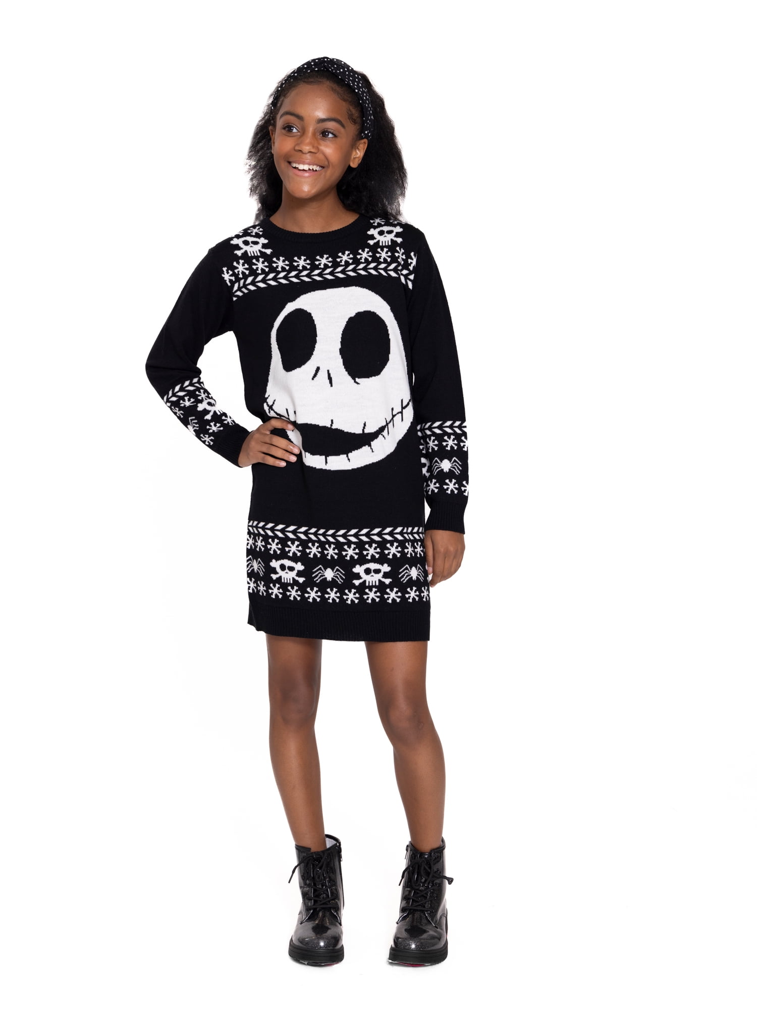 The Nightmare Before Christmas Girls Jack Skellington Holiday Sweater Dress with Long Sleeves, Sizes 4-12