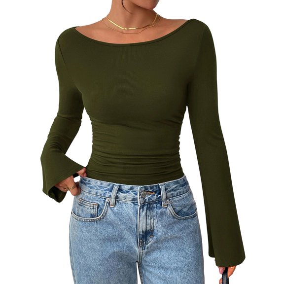 Women'S Long Sleeve Shirts Crop Going Out Tops Casual Boat Neck Bell Sleeve Ruched Green S