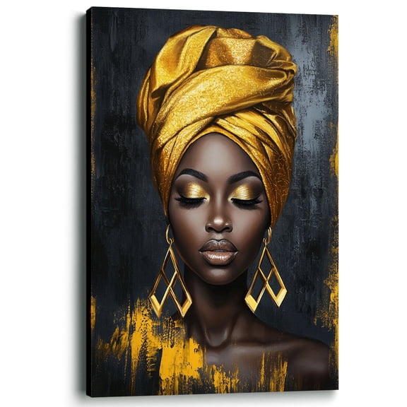 Wallume Store Modern African Woman Gold Headwrap Black Canvas Wall Art Living Room Decor 12x8 Inch