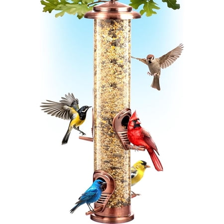 Gray Bunny Metal Hanging Bird Feeder, Brushed Copper Bird Feeders with Locking Lid & Adjustable Hanger, Chew-Proof, Weather Resistant - 14 Inches 4 Port