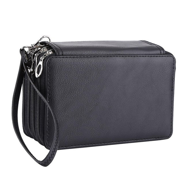 Large Capacity PU Leather Pencil Case 72 Slots Portable Organizer for School Supplies (Black)