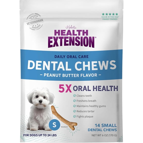 Health Extension Dental Bones Peanut Butter Size Small (8pk) | Dental Teeth Cleaning & Breath Freshener | Maintains Healthy Gums | Fights Plaque