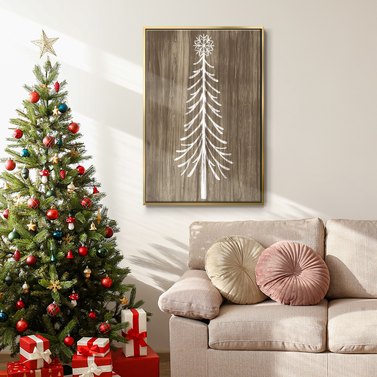 Barnwood Wonderland VII - Framed Gallery Wrapped Holiday Canvas - 27 x 41 - Gold Frame