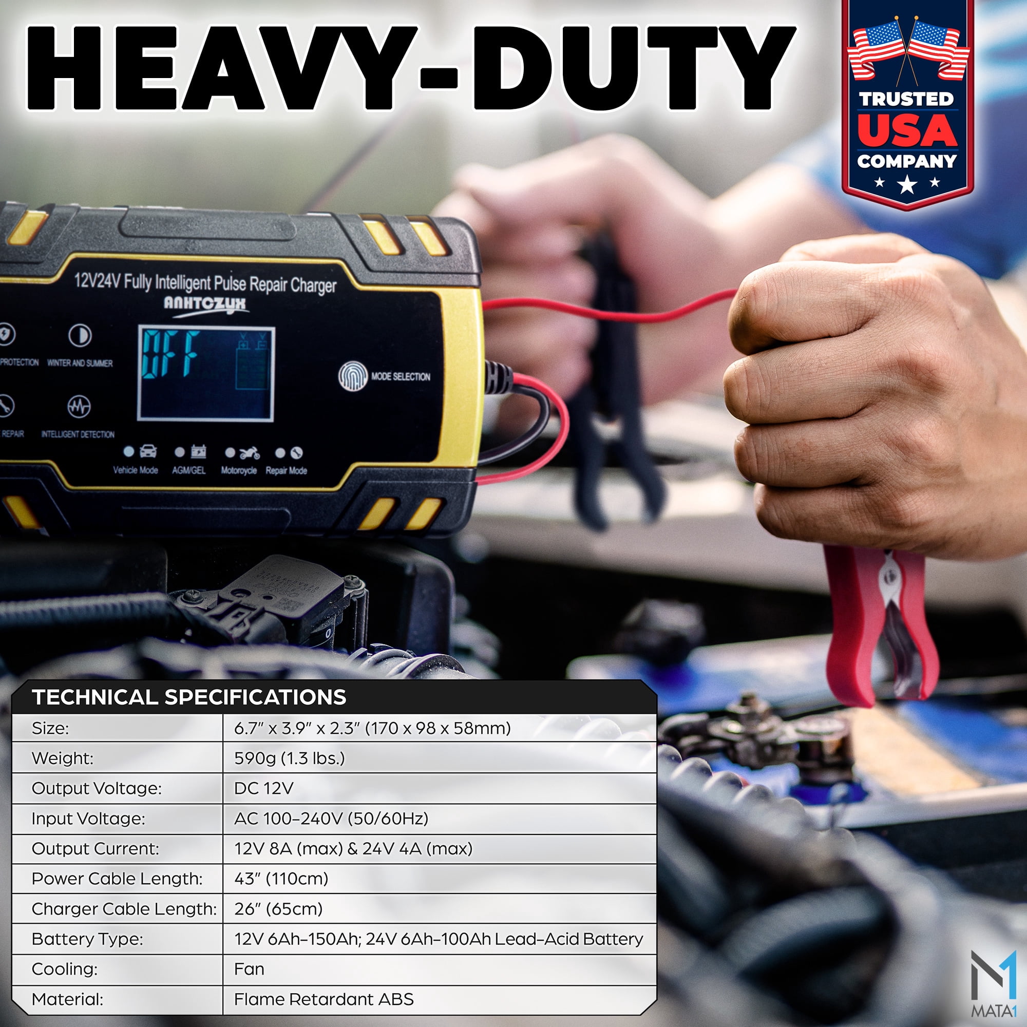 Mata1-USA Car Battery Charger & Maintainer (12V / 8A & 24V / 4A), Smart Automobile Trickle Charger & Desulfator