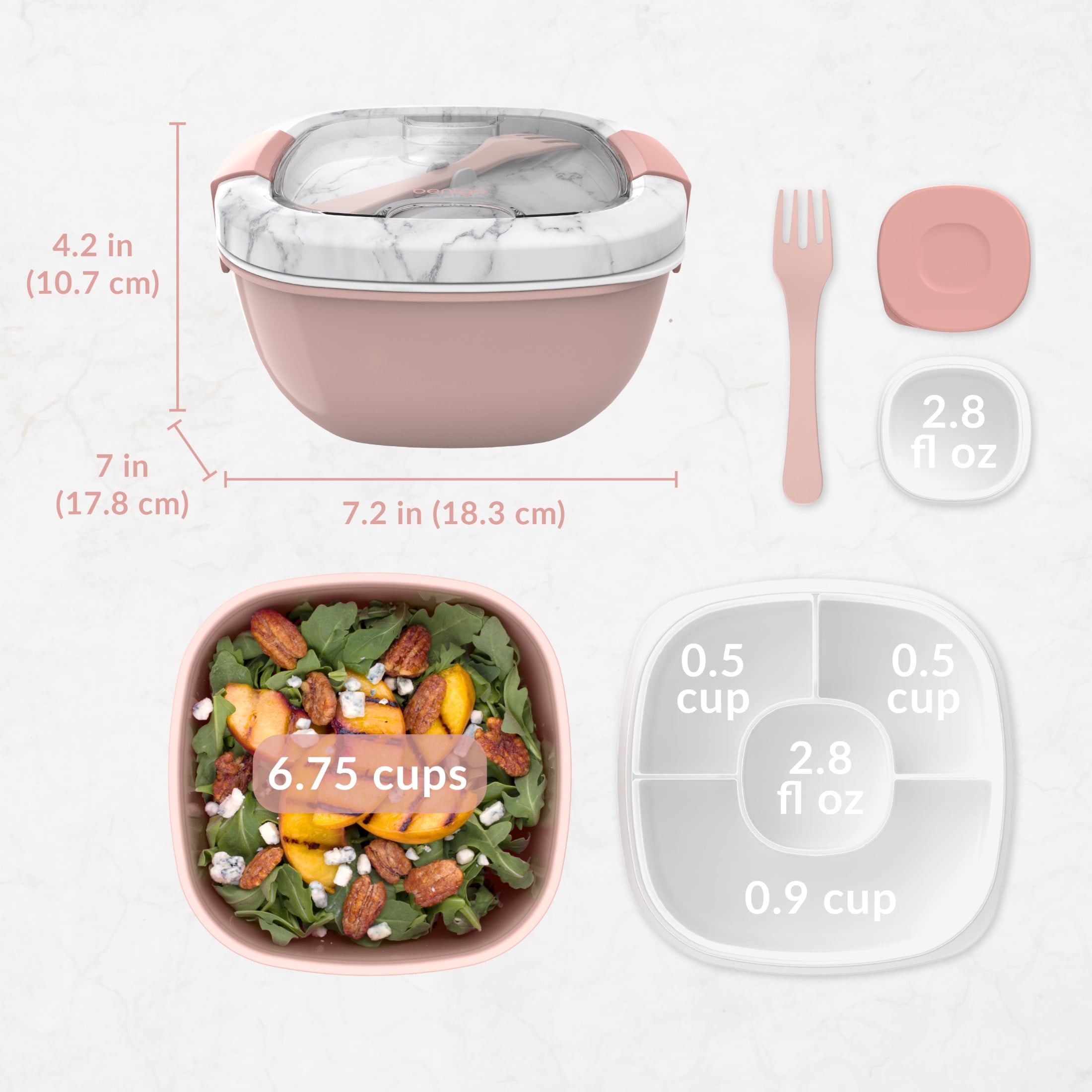 Bentgo Salad Container - 6.75 cup Bowl with 4-Compartment Toppings Tray, Dressing Container, Reusable Fork, BPA-Free Lunch Box for Meal Prep & Food Storage; Removable Bento Tray (Blush Marble)