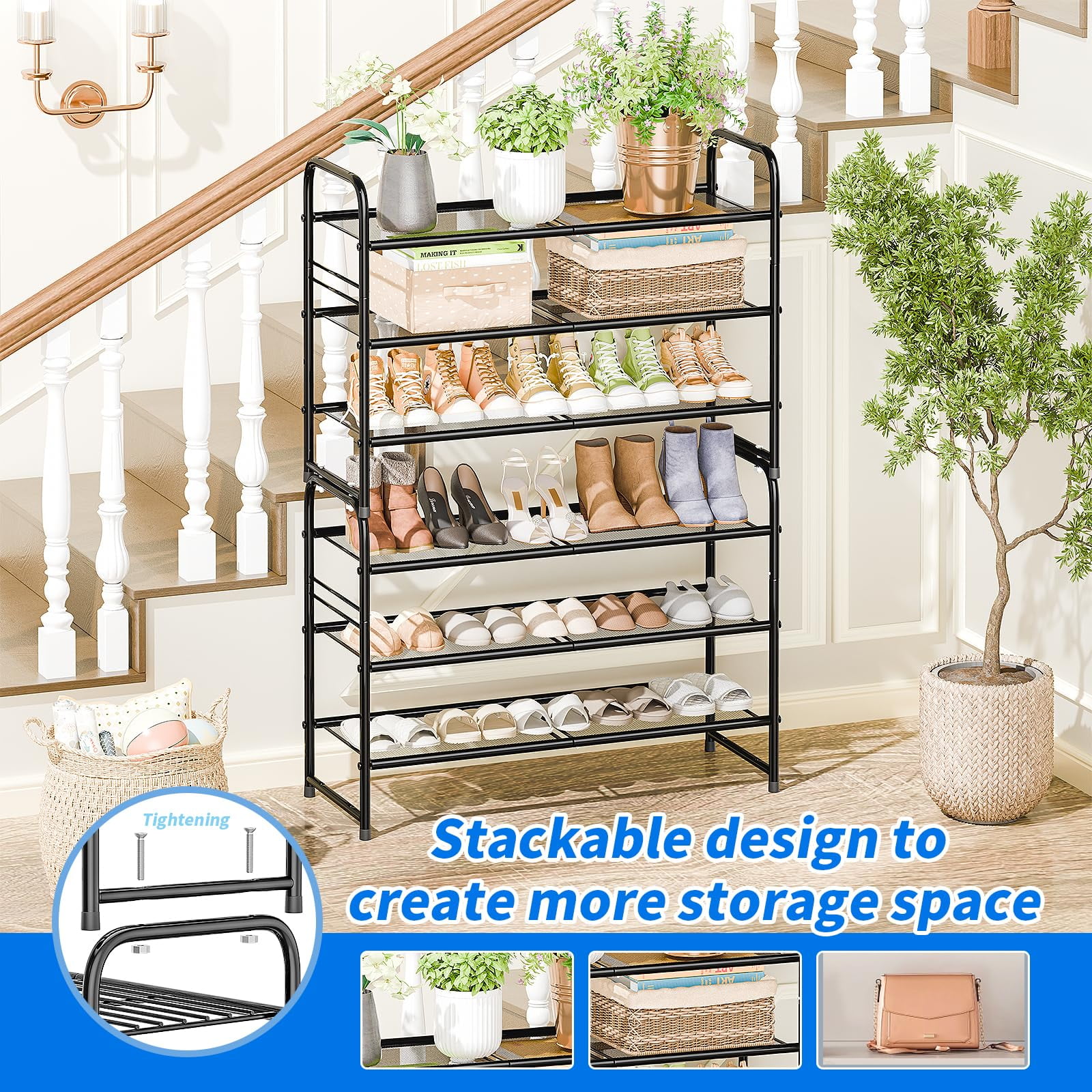 SUFAUY 3-Tier 33" Wide Shoes Rack Stackable, Metal Mesh, Black