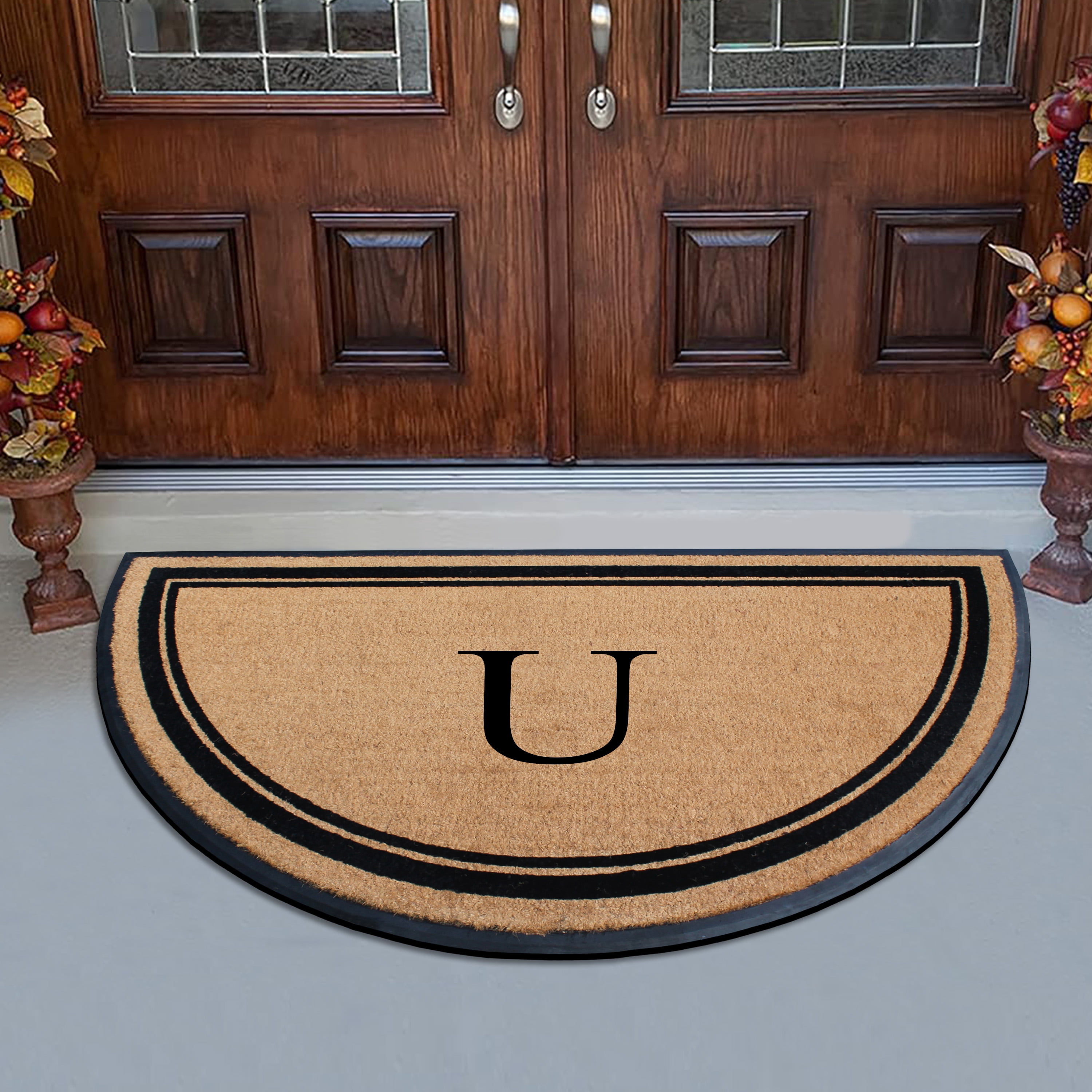 A1HC 36"x72" Natural Coir & Rubber Semicircular Monogrammed Door Mat, Thick, Durable, Heavy-Duty Welcome Mat for Front Door, Black Border