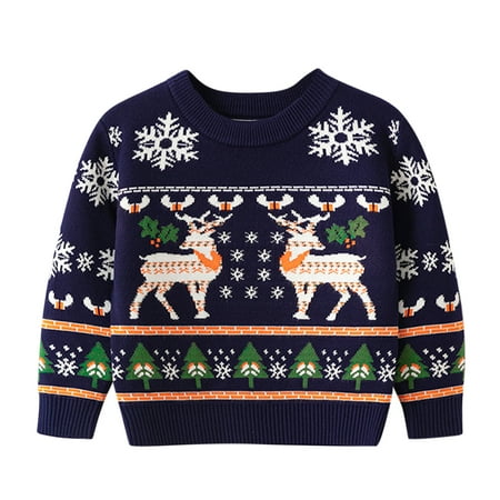 

Generic Children Boys Knitted Outwear Toddler Boys Girls Christmas Cartoon Deer Snowflake Sweater Long Sleeve Warm Knitted Pullover Knitwear Tops