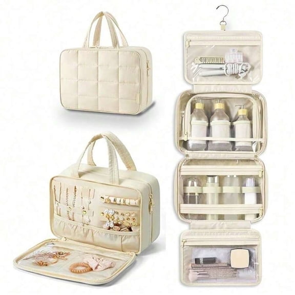 GNWZCUYSNS Travel Toiletry Bag with Jewelry Organizer, Hanging Travel Bag for Toiletries, Puffy Makeup Cosmetic Bag Organizer, Carry-On Travel Accessories Essentials-Beige