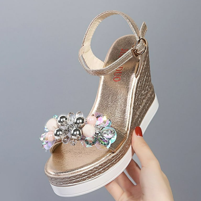 Sandals Women Women Ladies Fashion Wedges Platforms Crystal Floral High  Heels Shoes Sandals Womens Sandals Pu Gold 37