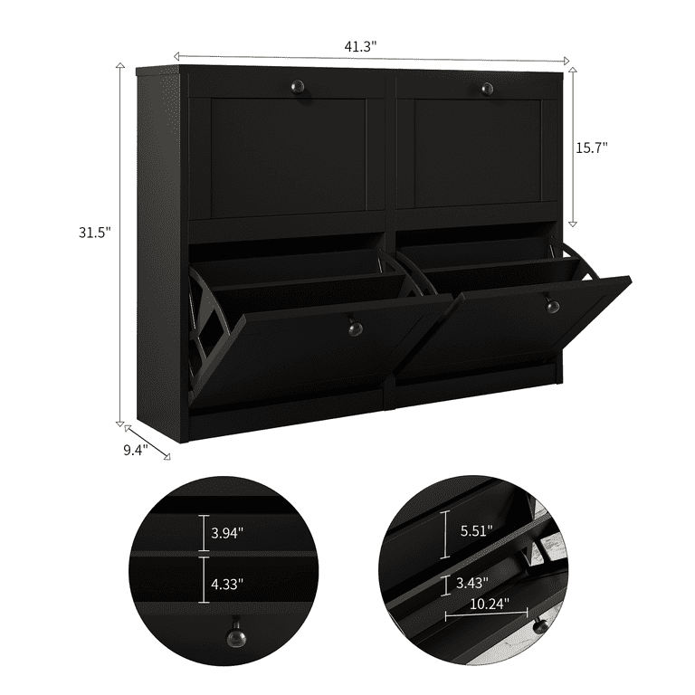 RichYa Black Shoe Cabinet, 4 Flip Drawers, Slim Shoe Storage for