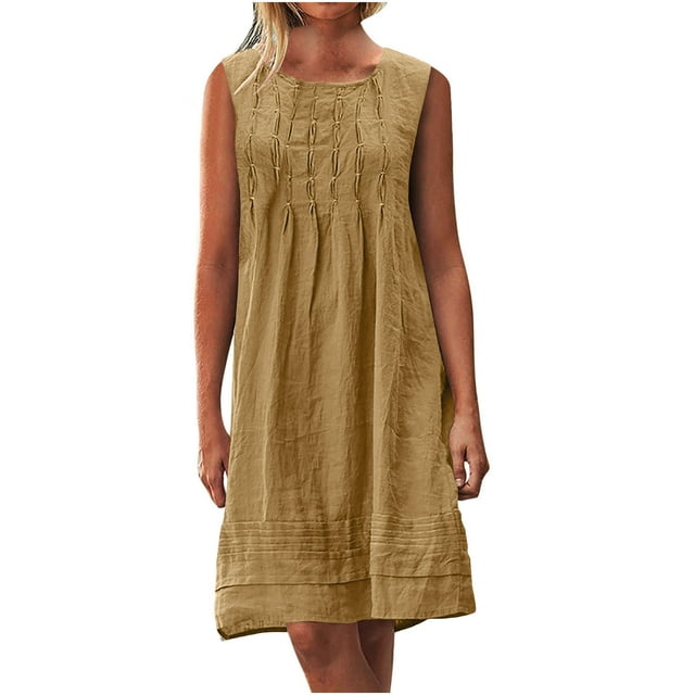 yoeyez Robe Maxi d'Été en Lin pour Femmes, Robe d'Été Plissée à Manches Cap pour Dames Grande Taille, Col Rond, Mini-Robe Décontractée Froncée, Coupe Ample, Ligne A, Robes de Plage Café, 2TG