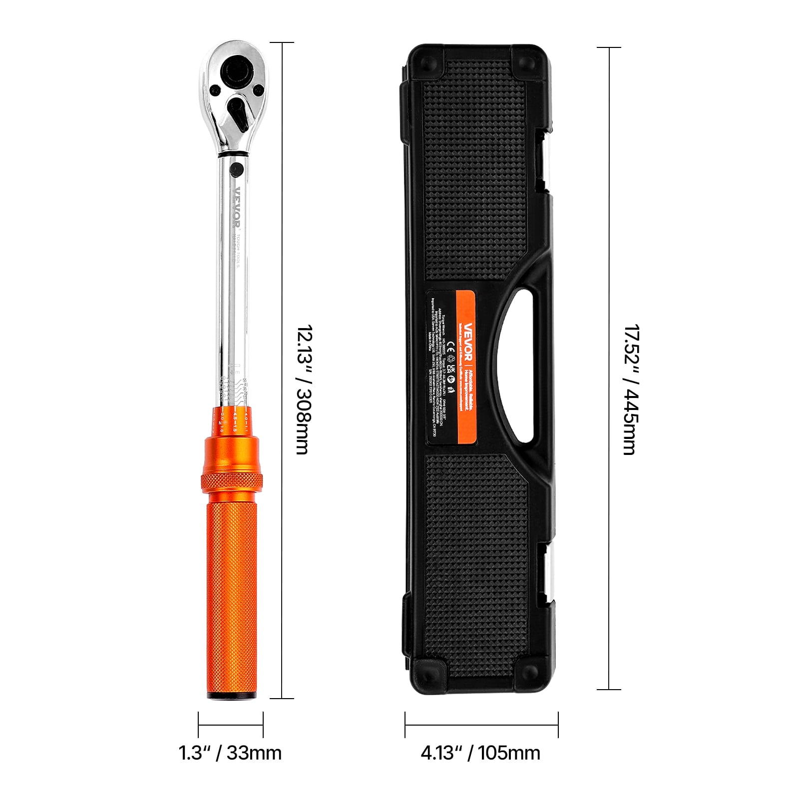 VEVOR Click Torque Wrench Set, 3/8 Inch Drive, 5-60 N.m / 3.7-44.3 lbf.ft, Dual-direction, 72-Tooth, ±3% High Precision, with Sockets, Bits, Extension Bar, Spark Plug Sockets, Adapter, Orange