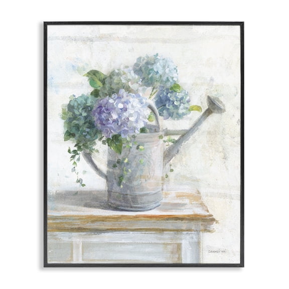 Stupell Industries Shabby Chic Blue Hydrangeas in Watering Can Soft Floral Black Framed Giclee Art, 11 x 14, by Danhui Nai