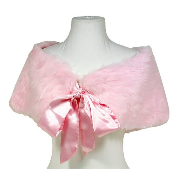 Scarf - Caplet - Faux Fur W / Satin Ribbon Bow- Light Pink - SF-BF004LPK