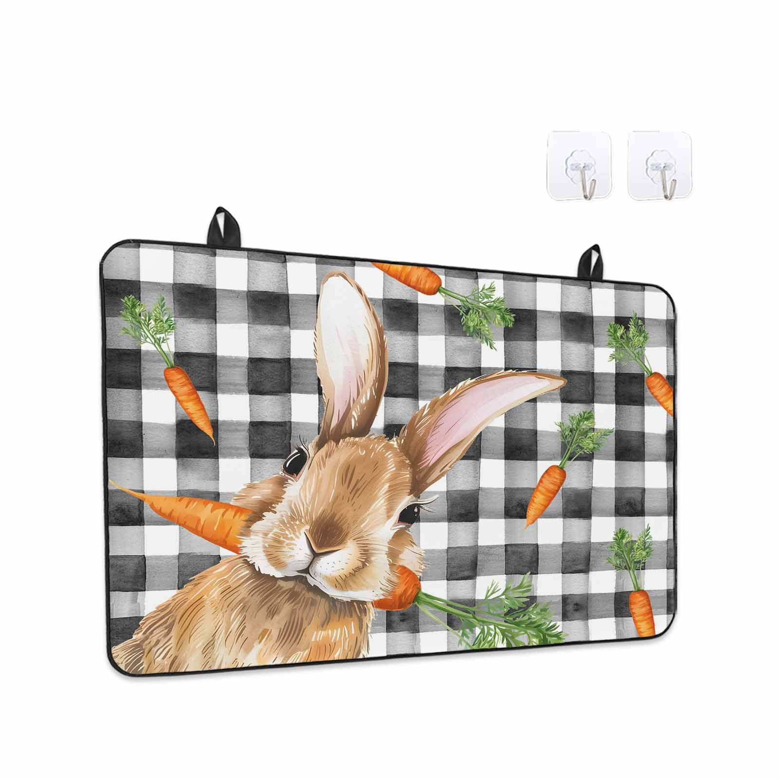 Easter Bunny Stove Top Cover for Electric Stove, Heat-proof & Non Slip Glass Top Stove Cover Protector, Spring Rabbits Carrots Black Buffalo Plaid Kitchen Flat Cooktop Rubber Mat 24x21 Inches