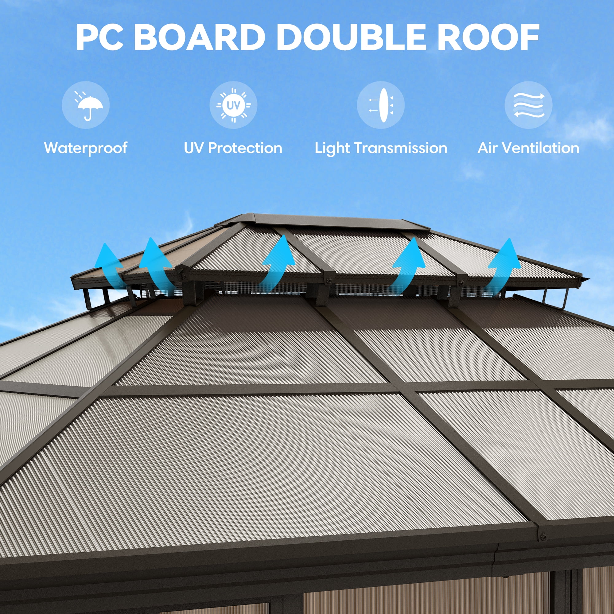 Hommow 12' x 14' Solarium Sunroom, Outdoor Hardtop Polycarbonate Roof Sun Room, Aluminum Frame Tiny House with Lockable Sliding Doors