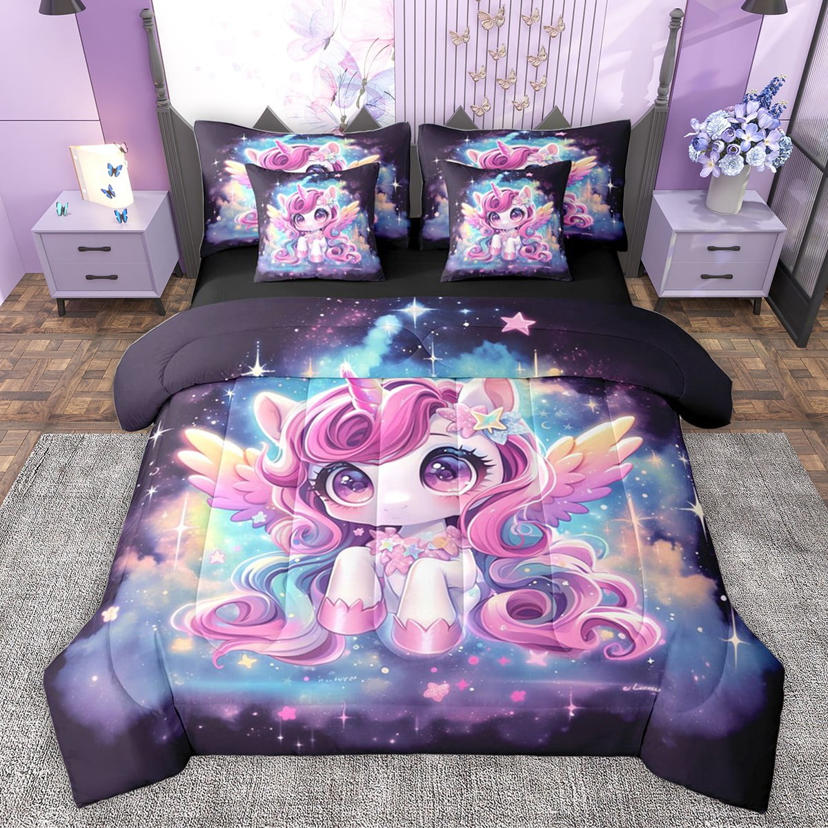 Castle Fairy Kawaii Unicorn Girl Bedding Comforter Set 7pcs Gradient Starry Sky Queen Bedding Sets Super Cozy Dreamy Princess Queen Sheet Sets Super Cozy Room Decor Reversible