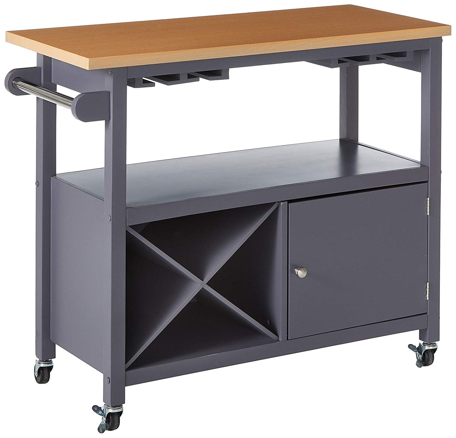 Jose Portable Kitchen Island Serving Cart With Storage Cabinet & Wine Rack, Gray & Natural Wood, Transitional - image 2 of 7