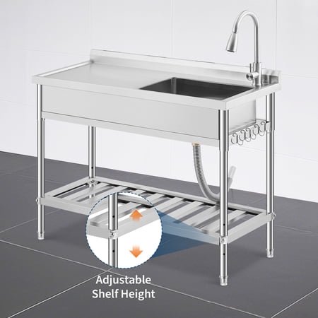 Kojooin Évier Utilitaire Commercial en Acier Inoxydable, Évier Autoportant à Bol Unique avec Robinet à Bec Rétractable pour Eau Chaude et Froide