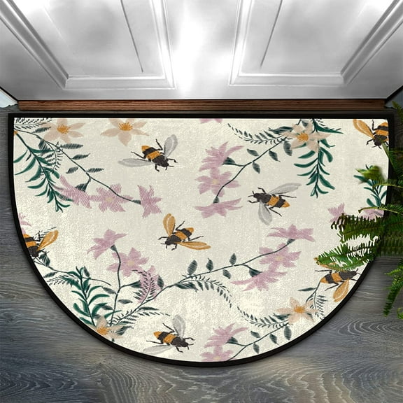 Spring Bee Flower Floral Half Round Door Mat Bath Mat Half Circle Area Rug Indoor Outdoor Doormat Non Slip Bathroom Rugs Entrance Floor Mats Home Decor Rug for Kitchen 24×16in.