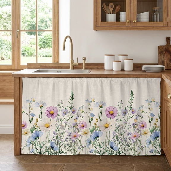Spring Floral Cabinet Curtain 28"Wx51"L,Dustproof Storage Cabinet Curtain with Self Adhesive Tape,Watercolor Herbs Summer Botanical Rustic Tall Pantry Cover Drape for Kitchen,Utility Closet