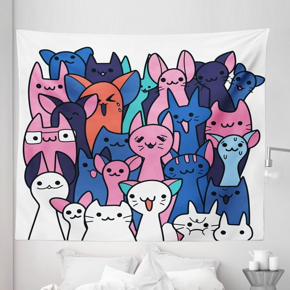 Blue Cat Tapestry, Community of Kitties Happy Smiling Faces Cartoon Style Colorful Modern Drawing, Fabric Wall Hanging Decor for Bedroom Living Room Dorm, 5 Sizes, Multicolor, by Ambesonne