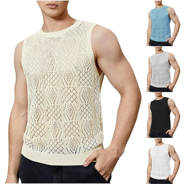 Sentmoon Tank Top Men Summer Sleeveless Crew Neck Workout Clothes Solid Color Loose Fit Hollow Out Plus Size Compression Muscle Shirts for Men Hawaii for Layering Under Shirts Beige M