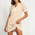 thumbnail image 4 of Efsteb Sumner Dresses for Women 2026 V-Neck Puff Short Sleeve Casual Shirts Dress with Contrast Trim Lightweight Summer Everyday Dress (Khaki,XXL), 4 of 9