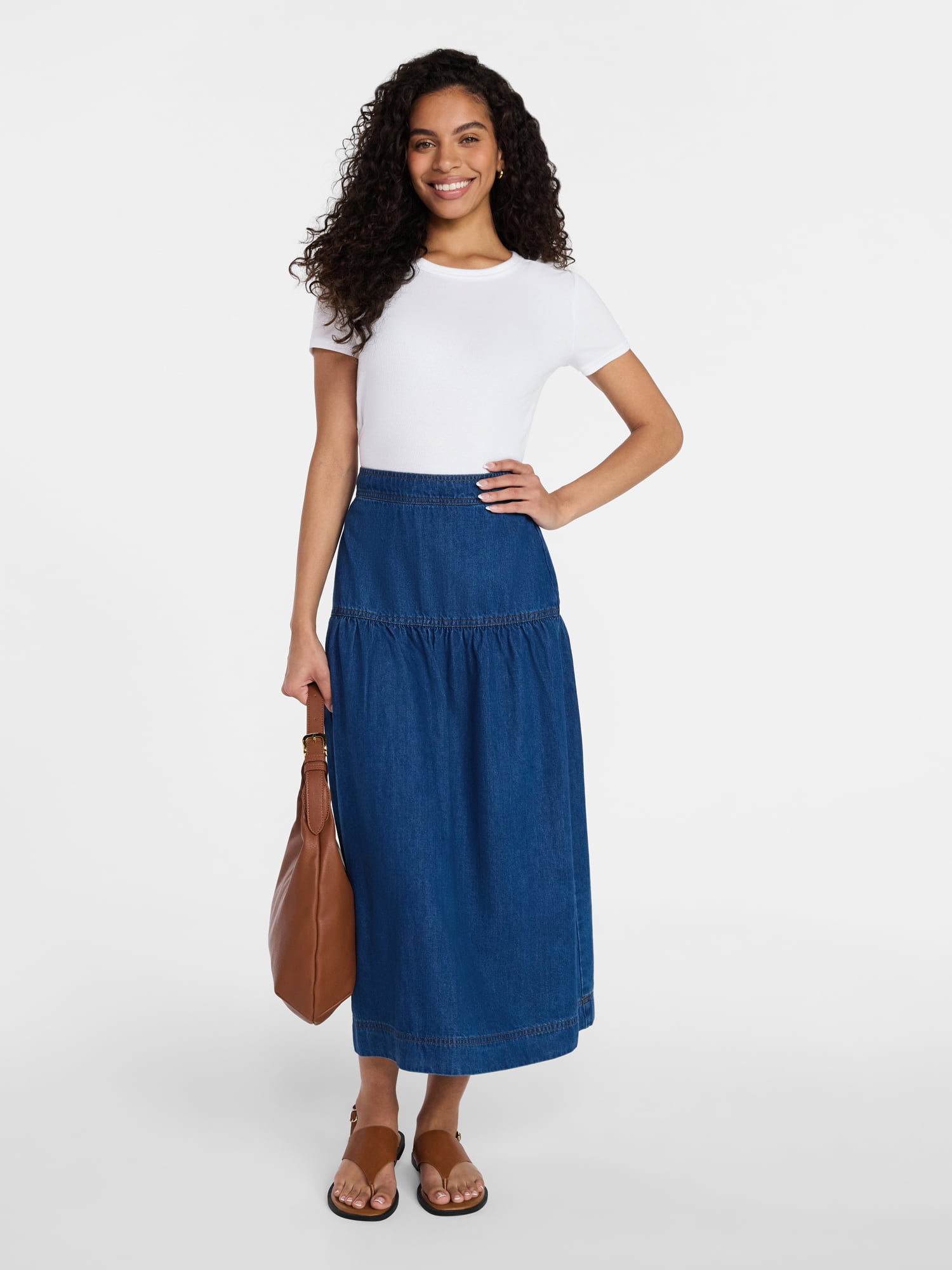 Time and Tru Women's Tiered Denim Midi Skirt, Sizes 0-20